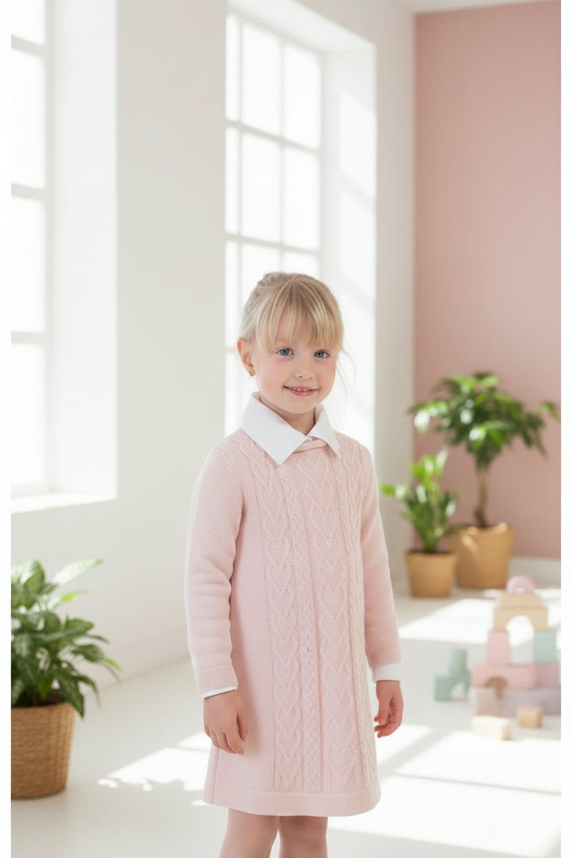 Vestido em Tricô Trança Rosa Light - Linha Kids Nina