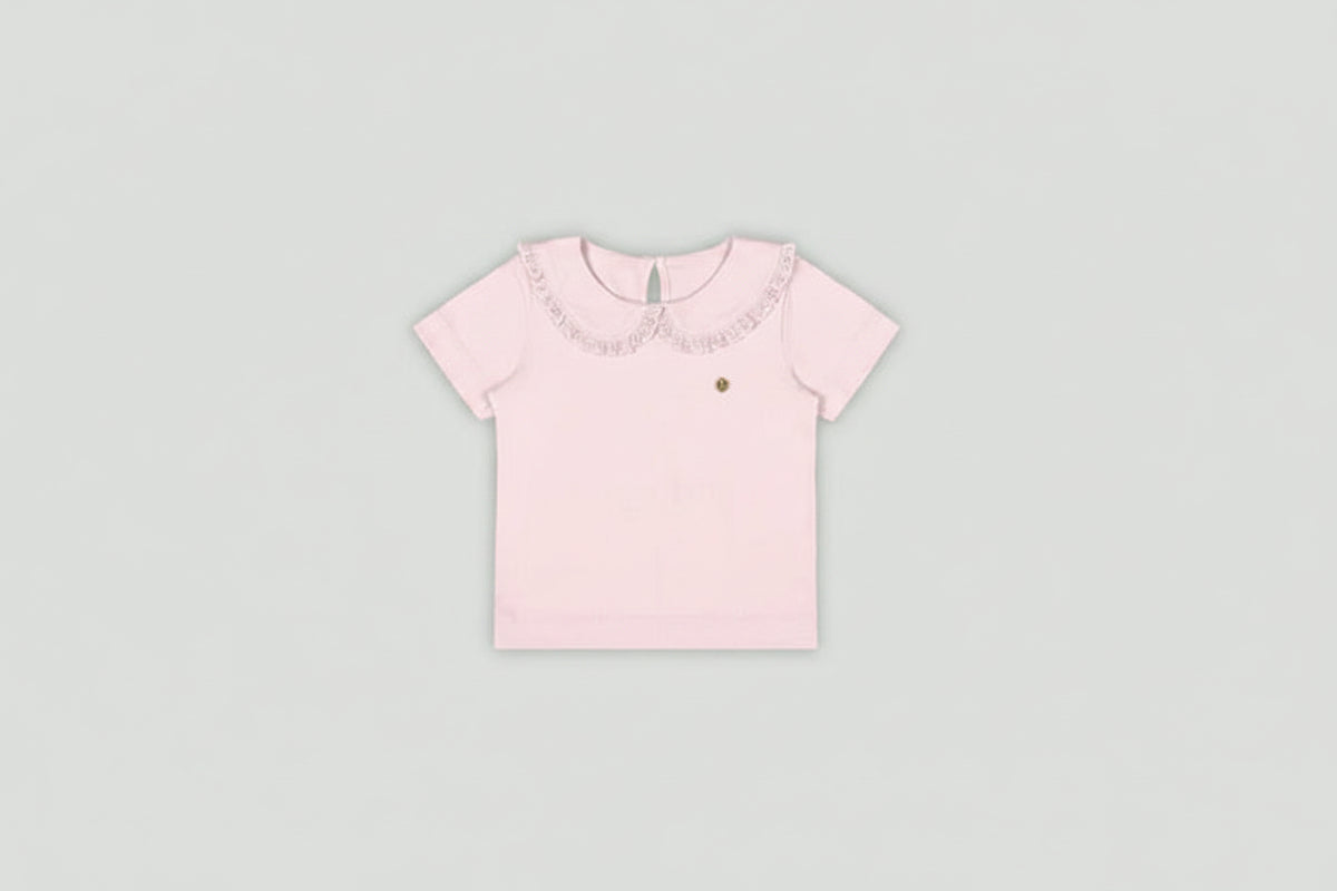 Blusa Infantil com Gola Decorada em Renda (Rosa Claro)