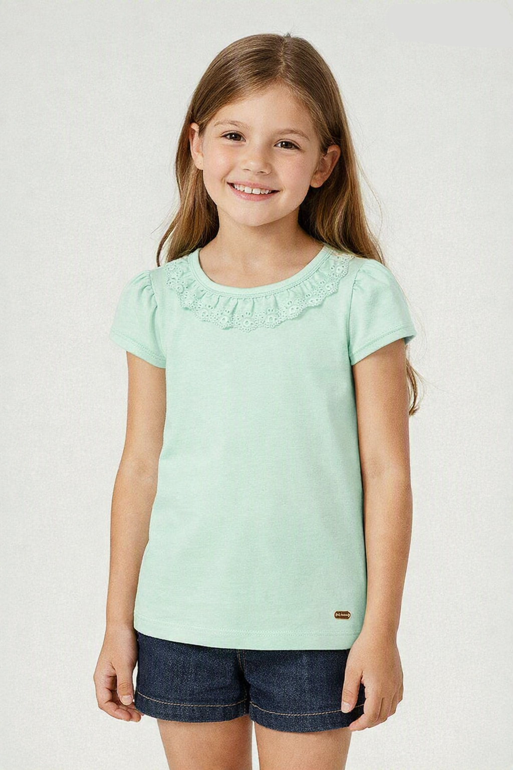 Blusa Infantil Manga Curta Em Cotton (Verde Água)