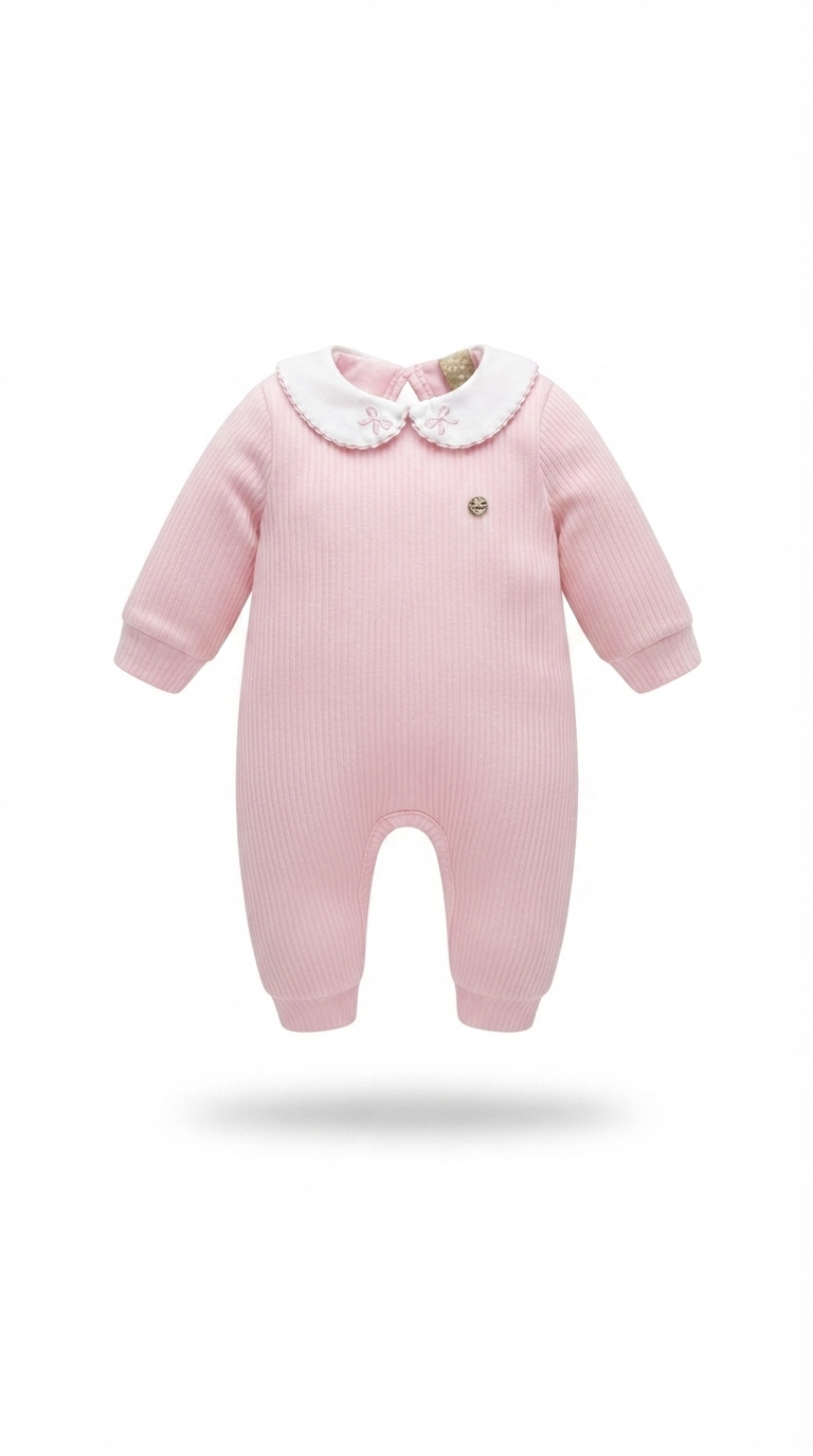 Macacão Para Bebê Menina Em Malha Canelada (Rosa)