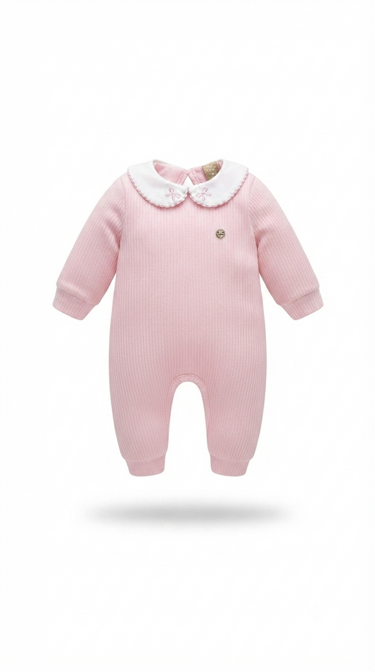 Macacão Para Bebê Menina Em Malha Canelada (Rosa)