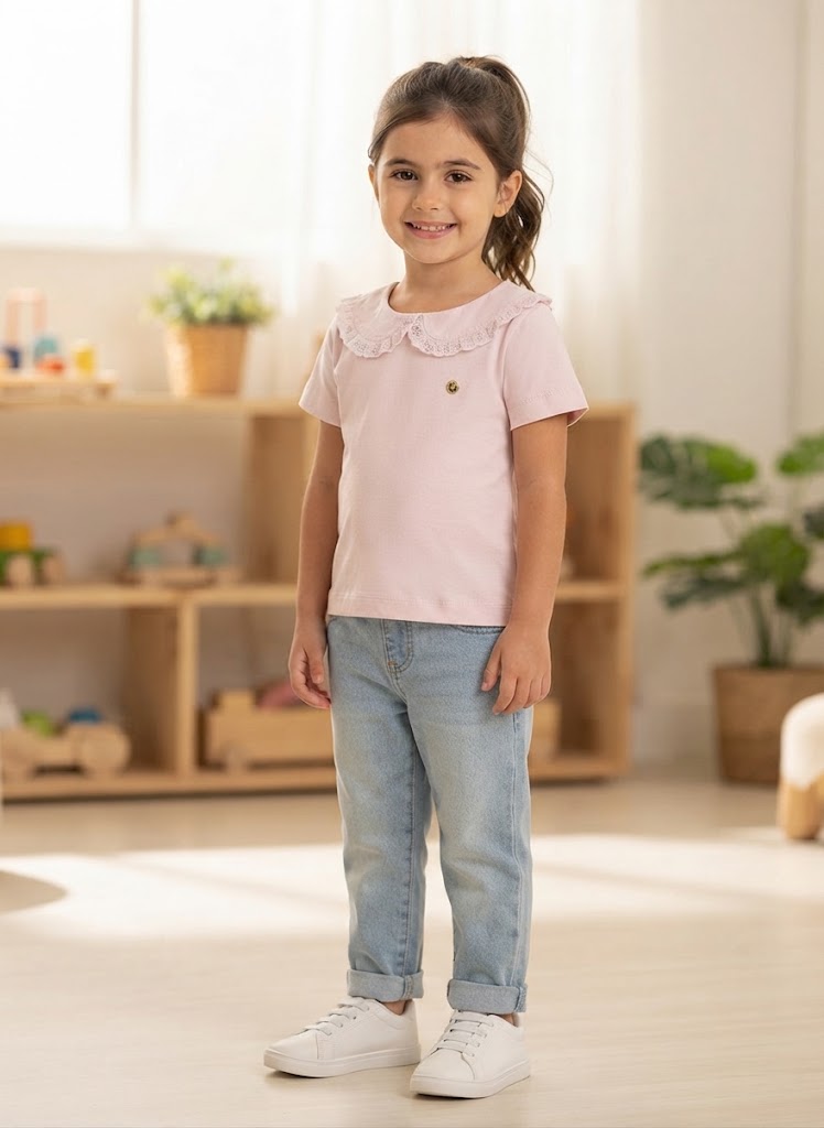 Blusa Infantil com Gola Decorada em Renda (Rosa Claro)